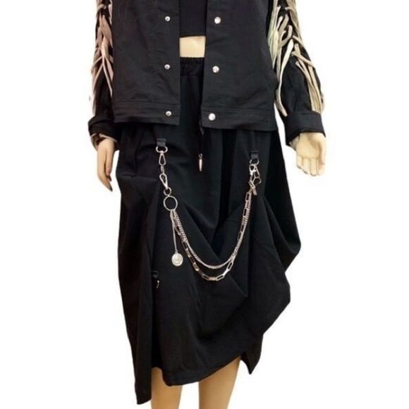 Black Front Silver Clips & D-Rings Adjustable Design A-line Midi Skirt - NEW - Picture 3 of 3